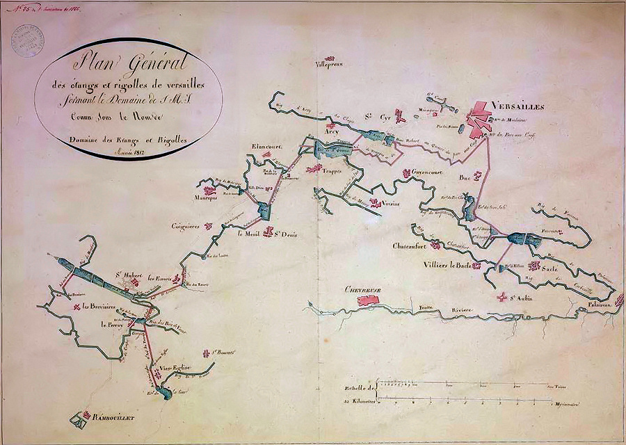 Kort: Plan gnral des tangs et rigolles de Versailles fra 1812.