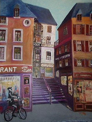 Maleri af Paris korteste gade, Rue des Degrs. En blanding af collage og akryl inspireret af et gammelt postkort, 1,40 X 2,50 m.