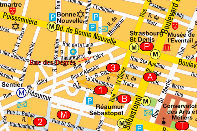 Udsnit af bykort over Paris med Rue des Degrs