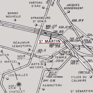 Liniekort over metrolinie 8 og 9 med spgelsesstationen Saint Martin