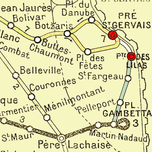 ldre metroliniekort over strkningen mellem Place des Ftes, Pr Saint Gervais og Porte des Lilas