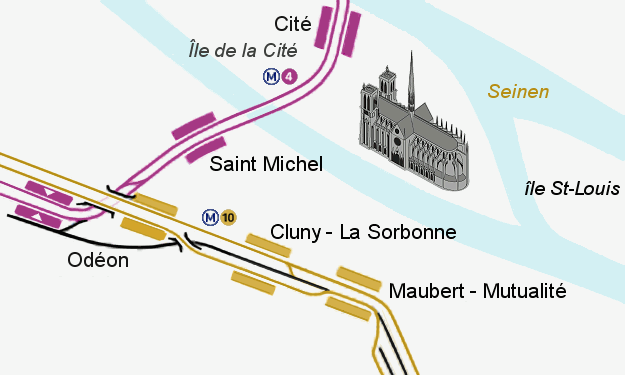 Liniekort: Metrolinie 4 og 10 omkring Odéon og 'Cluny - La Sorbonne'