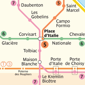 Liniekort med metrolinierne 5, 6 og 7, samt sporvognslinie T3