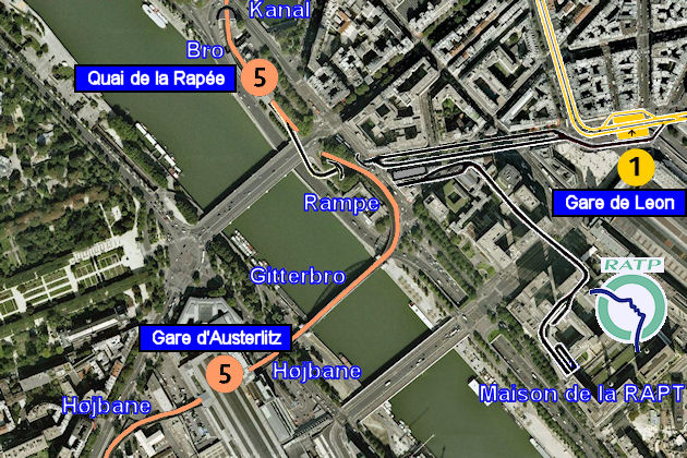 Udsnit af Paris 12. arrondissement med bl.a. metrolinie 5 og metrolinie 1, samt RATP's hovedkvarter